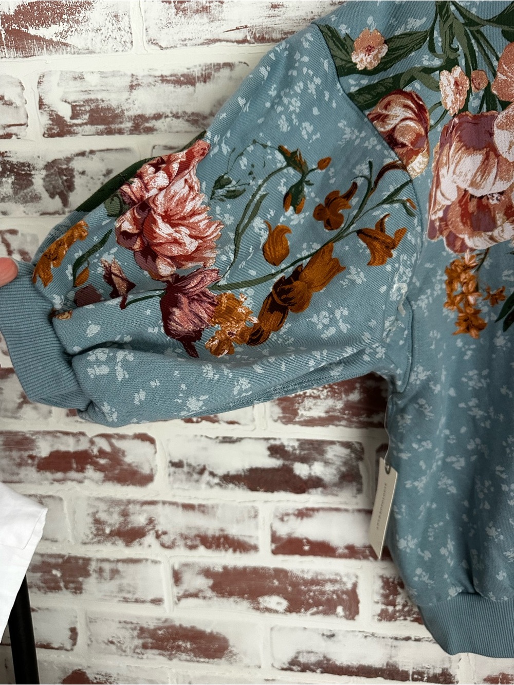 Pilcro Floral Bubble Sweatshirt in Dusty Blue with Pink & Orange Blooms - Picture 6 of 6